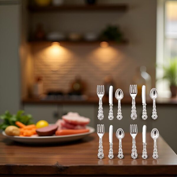 1/12 dockskåp miniatyr silver bestick set - kniv, gaffel, sked