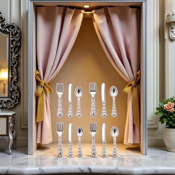 1/12 dockskåp miniatyr silver bestick set - kniv, gaffel, sked