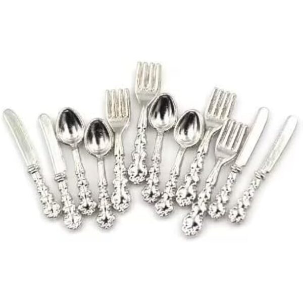 1/12 dockskåp miniatyr silver bestick set - kniv, gaffel, sked