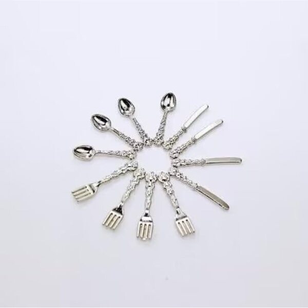 1/12 dockskåp miniatyr silver bestick set - kniv, gaffel, sked