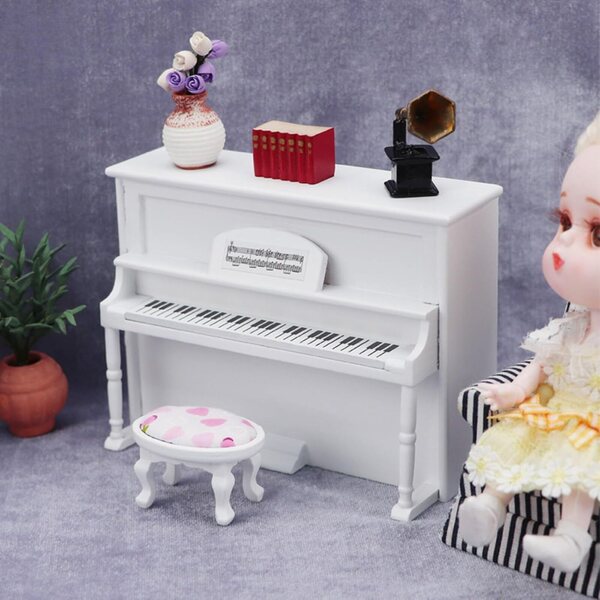 Mini-Klavier aus Holz mit Hocker für realistische Vintage-Puppenhaus-Dekoration