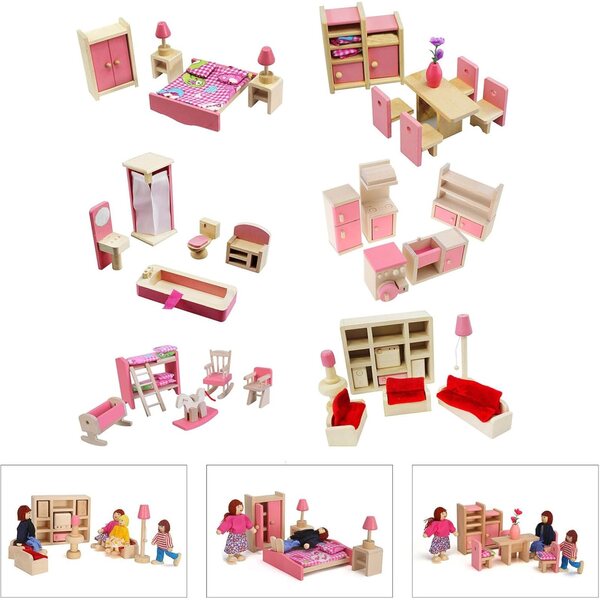 1:12 hëlzent Poppenhaus mat vintage Miwwelen an Dekoratioun Accessoiren