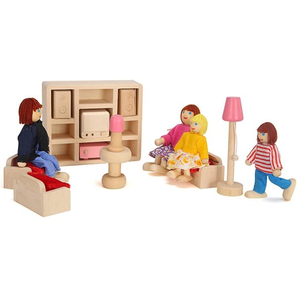 1:12 hëlzent Poppenhaus mat vintage Miwwelen an Dekoratioun Accessoiren