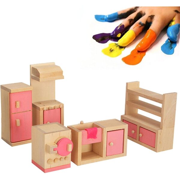 1:12 hëlzent Poppenhaus mat vintage Miwwelen an Dekoratioun Accessoiren