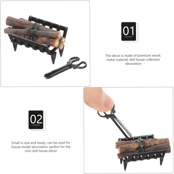 Realistisches Miniatur-Kaminzubehör-Set im Maßstab 1:12 mit Holz, Stütze und Zange