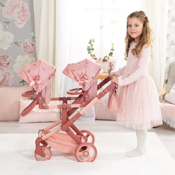 Carrozzina gemellare per bambole Bayer Design Twin XEO con manubrio regolabile e borsa inclusa