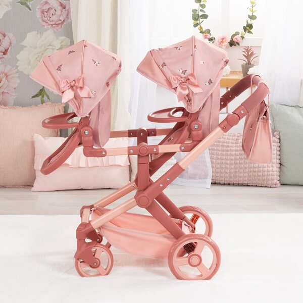 Carrozzina gemellare per bambole Bayer Design Twin XEO con manubrio regolabile e borsa inclusa