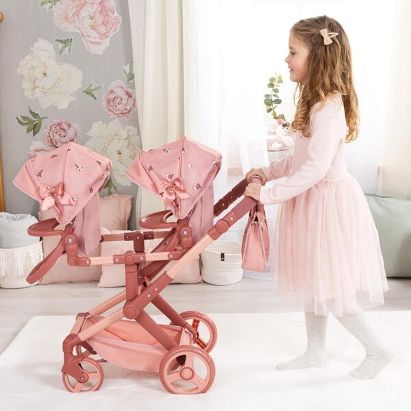 Carrozzina gemellare per bambole Bayer Design Twin XEO con manubrio regolabile e borsa inclusa