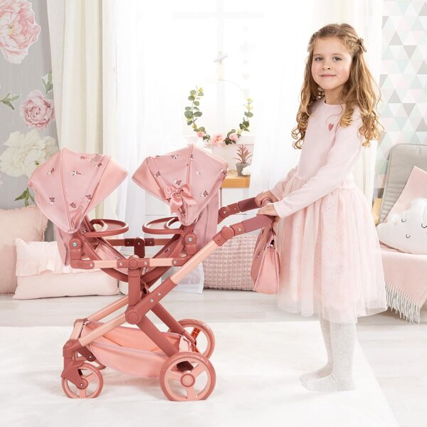 Carrozzina gemellare per bambole Bayer Design Twin XEO con manubrio regolabile e borsa inclusa