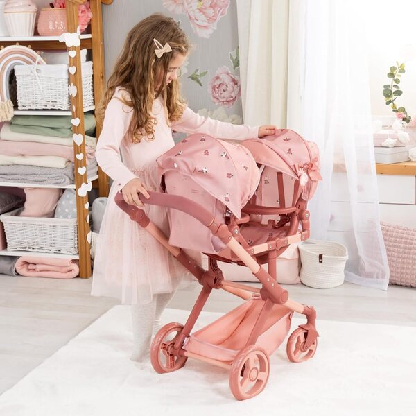 Carrozzina gemellare per bambole Bayer Design Twin XEO con manubrio regolabile e borsa inclusa