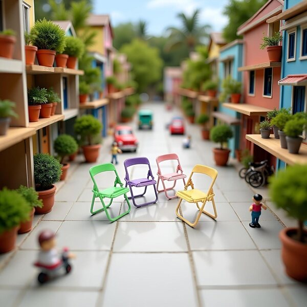 Set mit 5 bunten Mini-Klappstühlen für Puppenhaus 1:12 und Handyhalter
