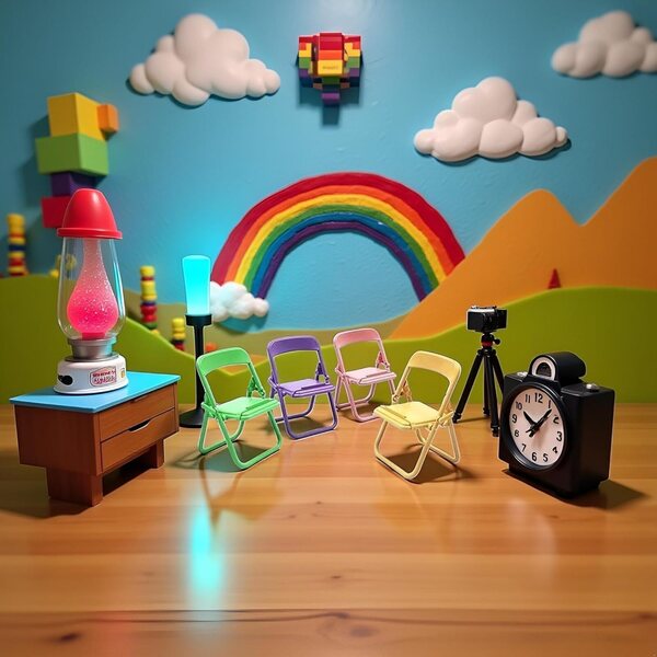 Set mit 5 bunten Mini-Klappstühlen für Puppenhaus 1:12 und Handyhalter