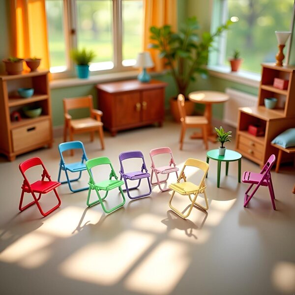 Set mit 5 bunten Mini-Klappstühlen für Puppenhaus 1:12 und Handyhalter