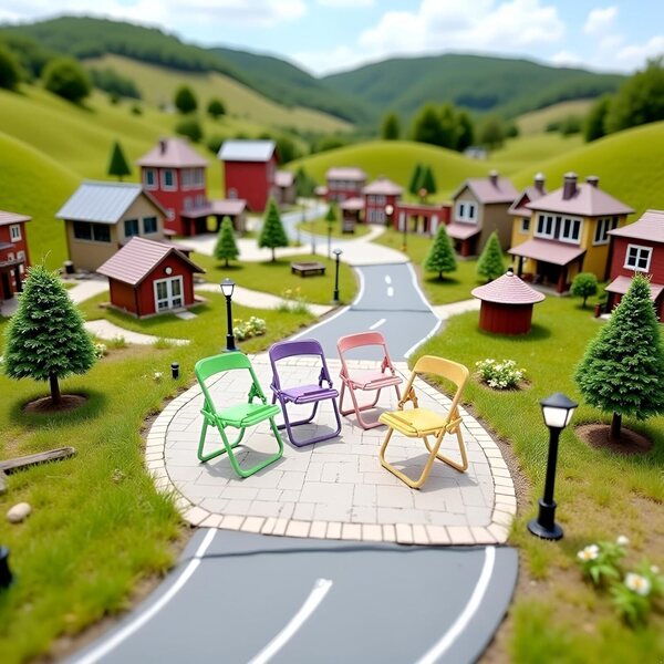 Set mit 5 bunten Mini-Klappstühlen für Puppenhaus 1:12 und Handyhalter