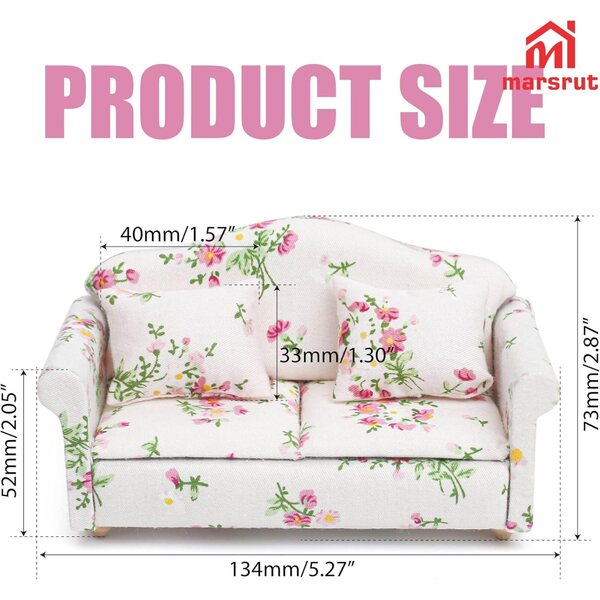 Miniatursofa 1:12 modernes rosa Marsrut mit Kissen, Holz und Blumenstoff