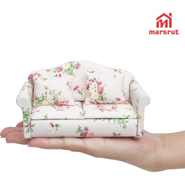 Miniatursofa 1:12 modernes rosa Marsrut mit Kissen, Holz und Blumenstoff