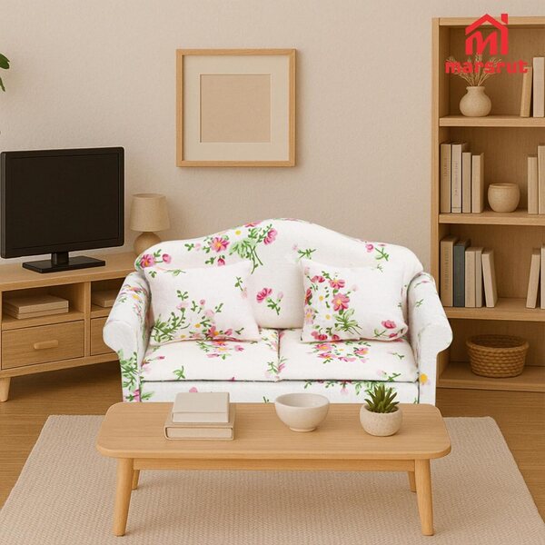 Miniatursofa 1:12 modernes rosa Marsrut mit Kissen, Holz und Blumenstoff