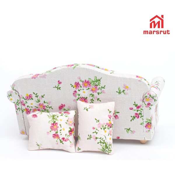 Miniatursofa 1:12 modernes rosa Marsrut mit Kissen, Holz und Blumenstoff