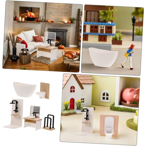 YARNOW 5-teiliges Miniatur-Badezimmermöbel-Set für Puppenhaus, Weiß
