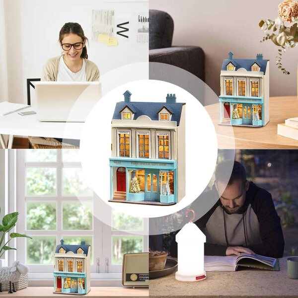 Koka miniatūras mājas komplekts ar LED gaismām, mēbelēm un ar rokām darinātām detaļām