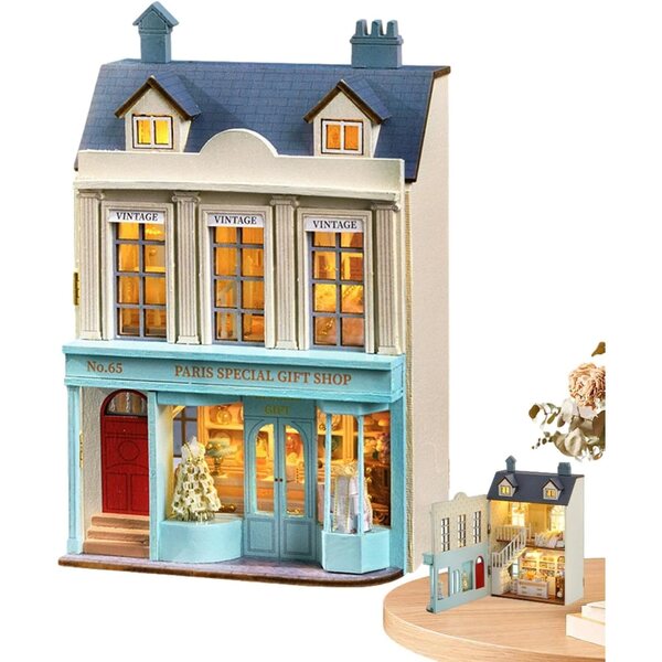 Koka miniatūras mājas komplekts ar LED gaismām, mēbelēm un ar rokām darinātām detaļām