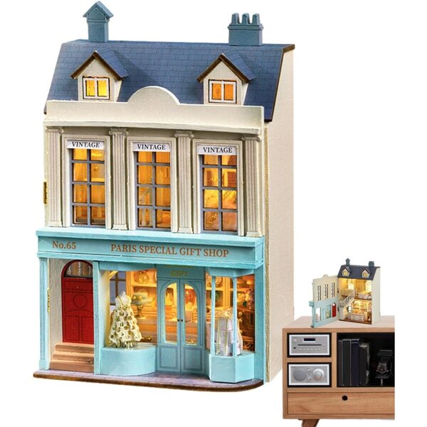 Koka miniatūras mājas komplekts ar LED gaismām, mēbelēm un ar rokām darinātām detaļām