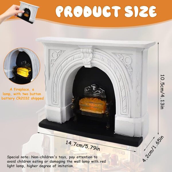 Vintage 1:12 domeček pro panenky Chimenea s realistickým bílým pryskyřičným LED světlem