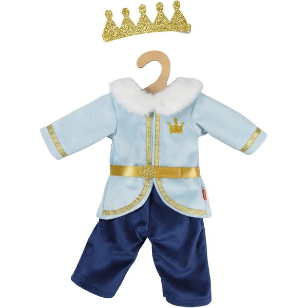 Costum princiar pentru papusi 35-45 cm Heless Prince Luka albastru auriu cu coroana si guler de blana