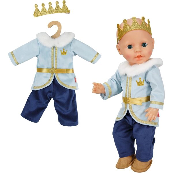 Costum princiar pentru papusi 35-45 cm Heless Prince Luka albastru auriu cu coroana si guler de blana