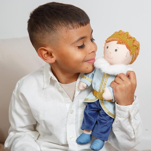 Costum princiar pentru papusi 35-45 cm Heless Prince Luka albastru auriu cu coroana si guler de blana