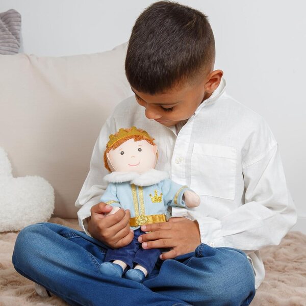 Costum princiar pentru papusi 35-45 cm Heless Prince Luka albastru auriu cu coroana si guler de blana