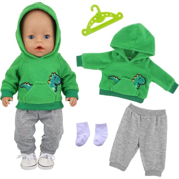Ropa de muñeca de 43 cm, suéter de dinosaurio verde + pantalones grises + calcetines blancos