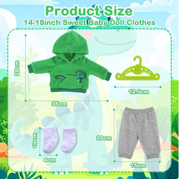 Ropa de muñeca de 43 cm, suéter de dinosaurio verde + pantalones grises + calcetines blancos