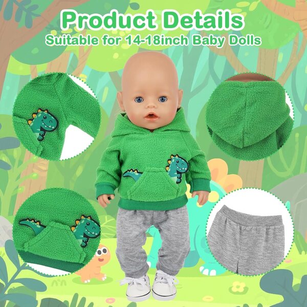 Ropa de muñeca de 43 cm, suéter de dinosaurio verde + pantalones grises + calcetines blancos