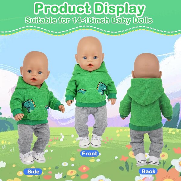 Ropa de muñeca de 43 cm, suéter de dinosaurio verde + pantalones grises + calcetines blancos