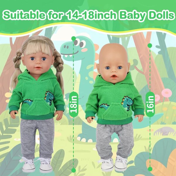 Ropa de muñeca de 43 cm, suéter de dinosaurio verde + pantalones grises + calcetines blancos