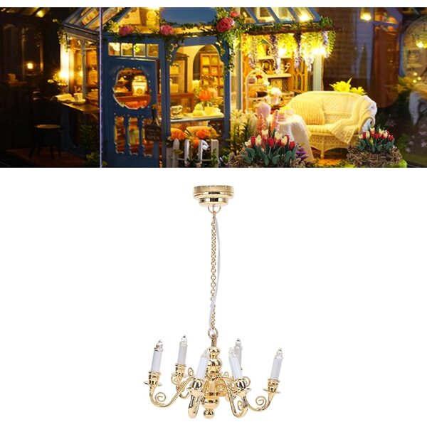 Lampadario in Miniatura 6 Teste in Metallo per Casa delle Bambole Scala 1:12 Alimentato a Batteria