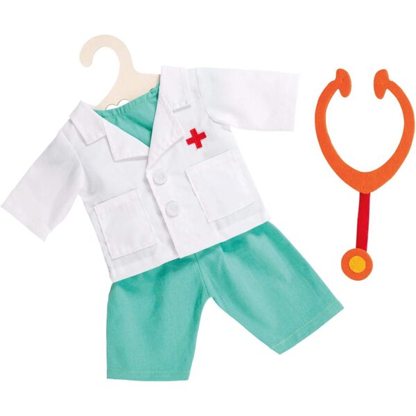 Heless 2653 - Juego de ropa para muñecas, traje de médico de 4 piezas con pantalón, camisa, bata de médico y estetoscopio, talla 35 - 45 cm