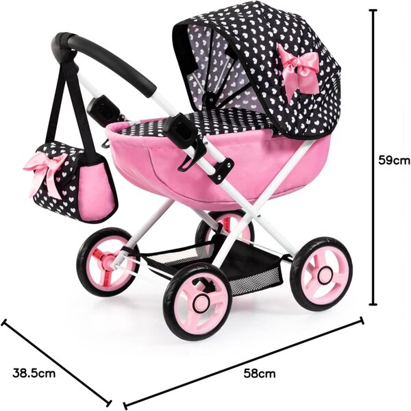 Passeggino per bambole pieghevole Bayer Design con borsa, cesta, coperta e cuscino