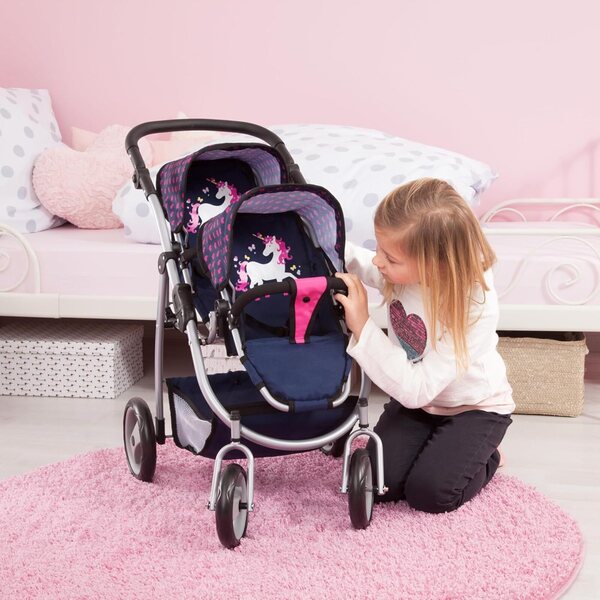 Bayer Design tweelingpoppenwagen met verstelbare hoogte en innovatief blauw en roze design