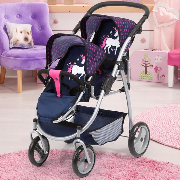 Bayer Design tweelingpoppenwagen met verstelbare hoogte en innovatief blauw en roze design