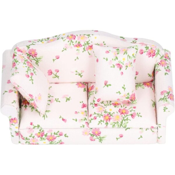 Miniatursofa im Maßstab 1:12 aus Birkenholz mit Retro-Stoff in Grün-Rosa mit Blumenmuster