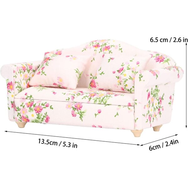 Miniatursofa im Maßstab 1:12 aus Birkenholz mit Retro-Stoff in Grün-Rosa mit Blumenmuster