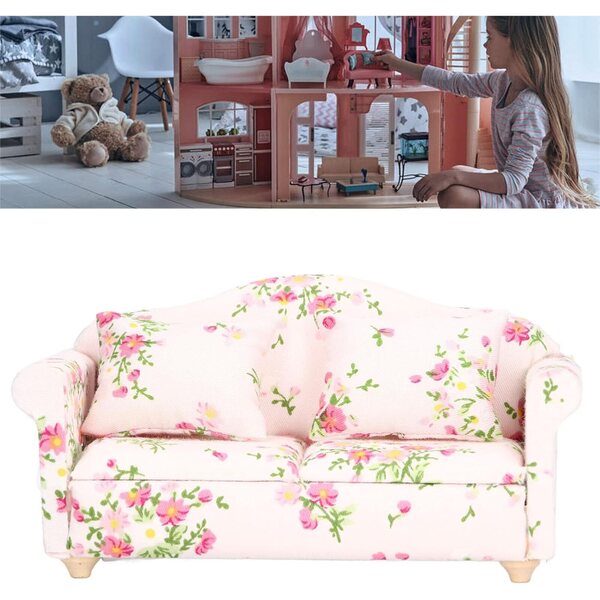 Miniatursofa im Maßstab 1:12 aus Birkenholz mit Retro-Stoff in Grün-Rosa mit Blumenmuster