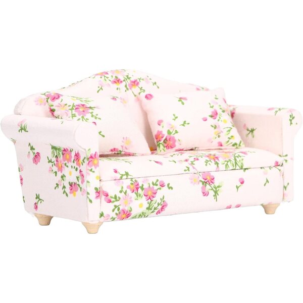 Miniatursofa im Maßstab 1:12 aus Birkenholz mit Retro-Stoff in Grün-Rosa mit Blumenmuster