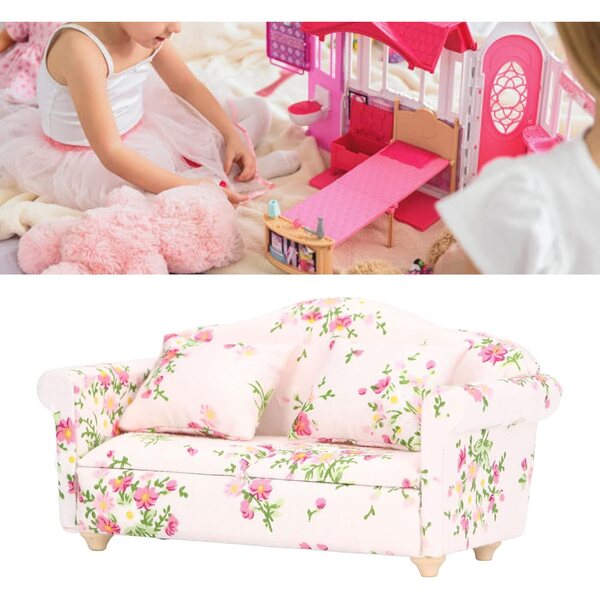 Miniatursofa im Maßstab 1:12 aus Birkenholz mit Retro-Stoff in Grün-Rosa mit Blumenmuster