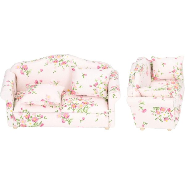 Miniatursofa im Maßstab 1:12 aus Birkenholz mit Retro-Stoff in Grün-Rosa mit Blumenmuster