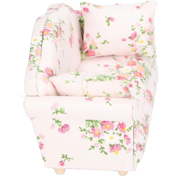 Miniatursofa im Maßstab 1:12 aus Birkenholz mit Retro-Stoff in Grün-Rosa mit Blumenmuster