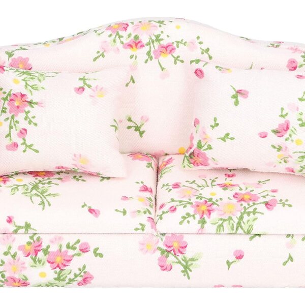 Miniatursofa im Maßstab 1:12 aus Birkenholz mit Retro-Stoff in Grün-Rosa mit Blumenmuster