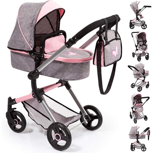 Bayer Design Neo Vario : poussette de poupée réglable, pliable et accessoirisée rose/gris